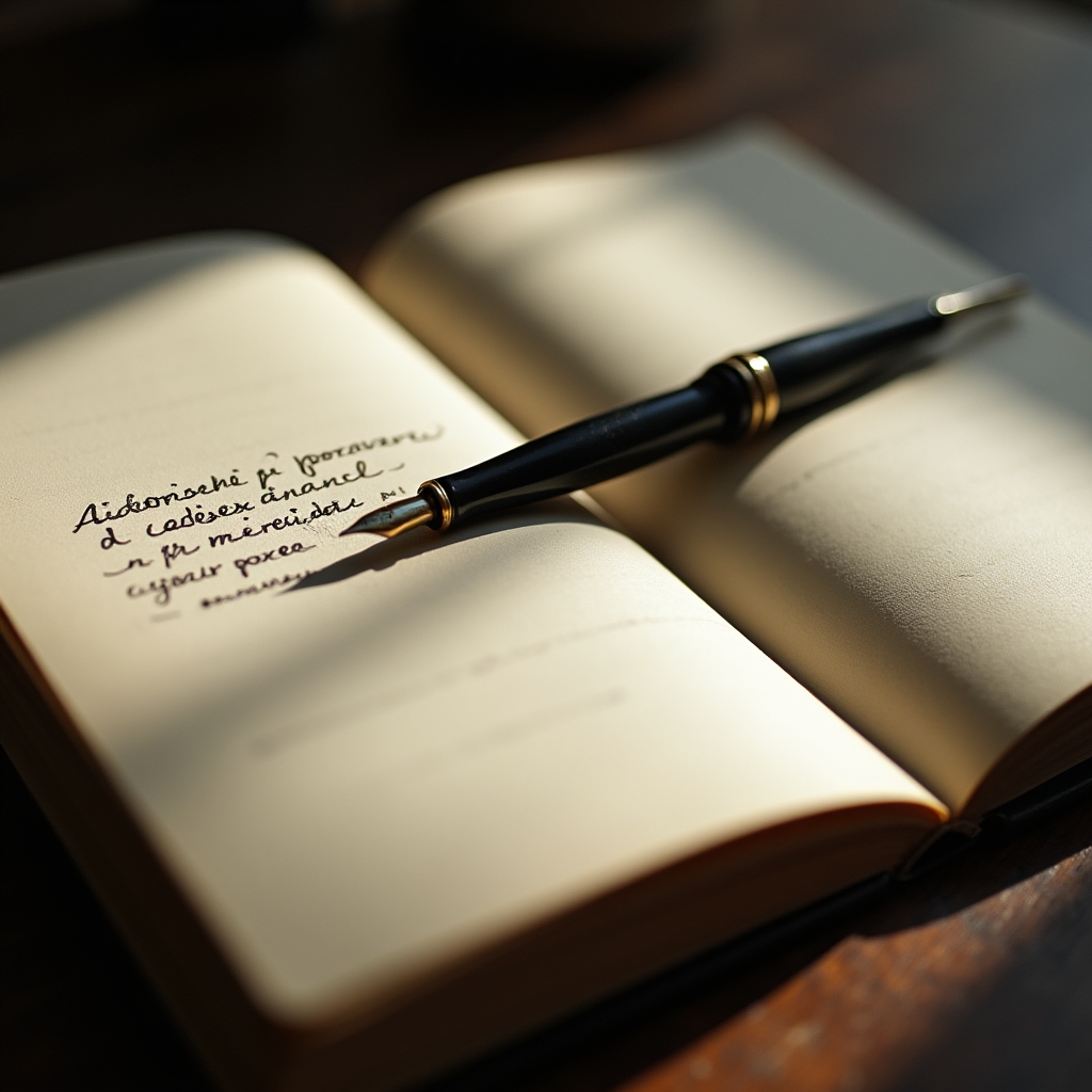 Quaderno aperto con penna su tavolo di legno durante sessione di scrittura