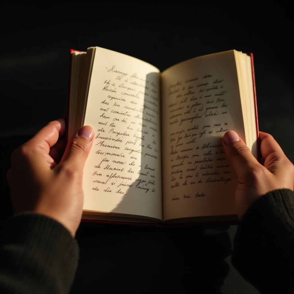 Mani che tengono un quaderno aperto con parole scritte a mano, primo piano dettagliato